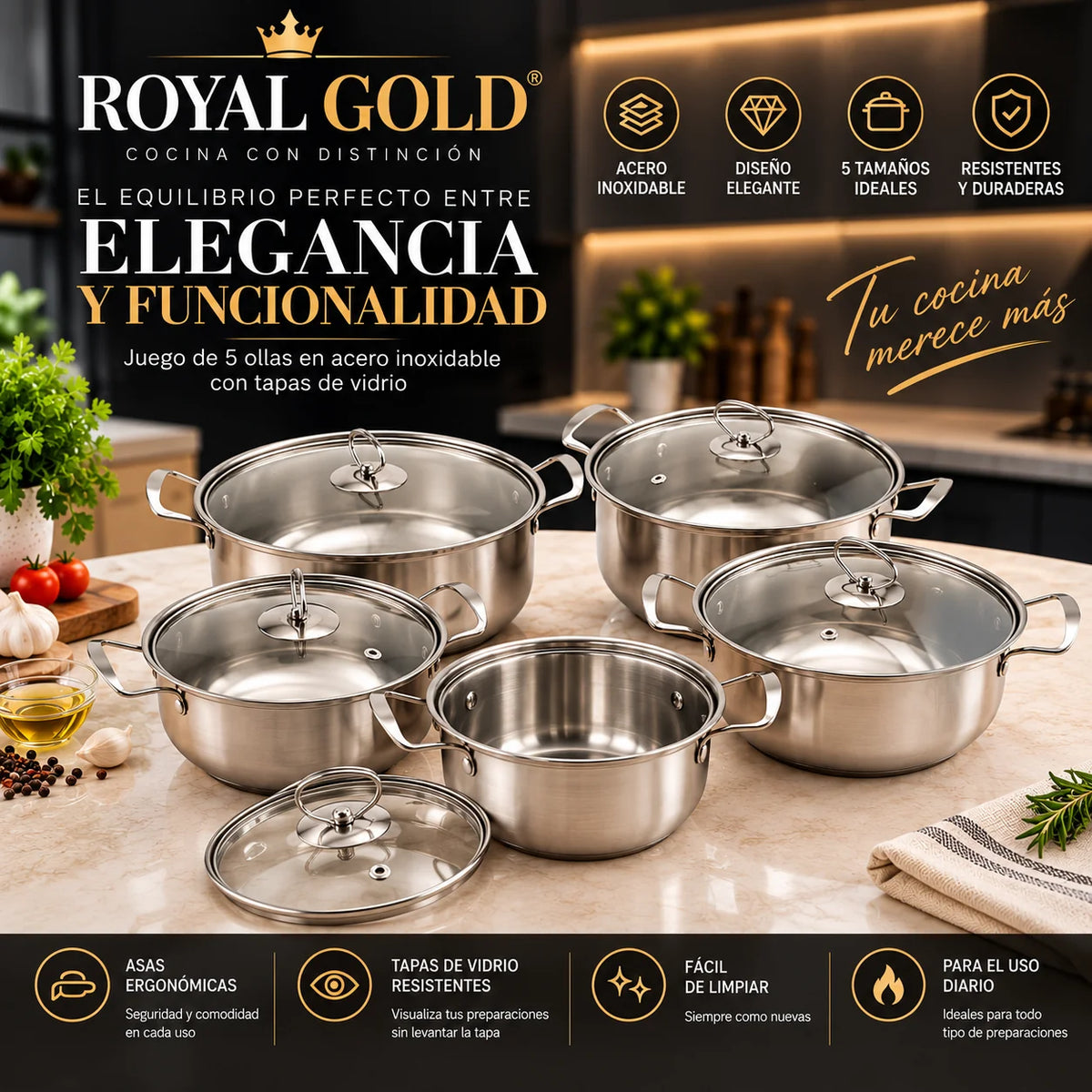 ¡Nuevo! Set 5 Ollas Royal Gold® + Tapas De Vidrio