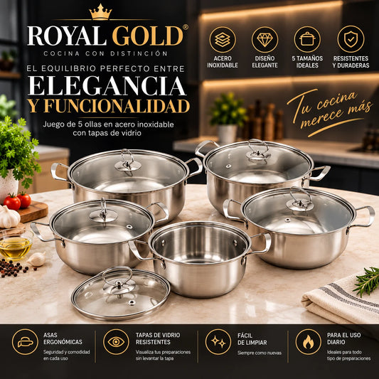 ¡Nuevo! Set 5 Ollas Royal Gold® + Tapas De Vidrio